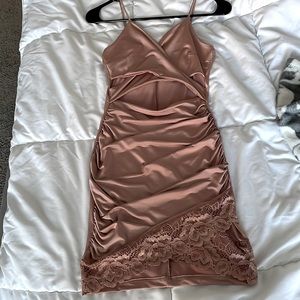 privy Satin Cutout Lace Trim Mini Dress in Dusty Rose